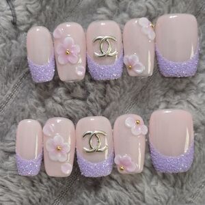 Designer Inspired Pink & Lavender Floral 3D Press-On Nails